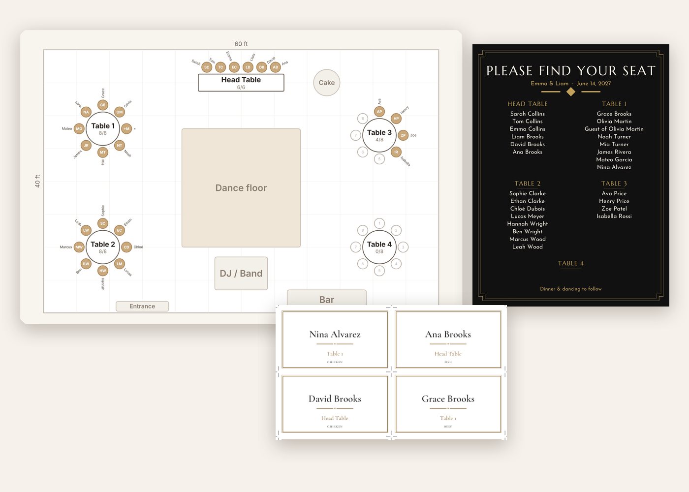 Matching wedding seating chart poster, table number, escort cards and place card in a classic design
